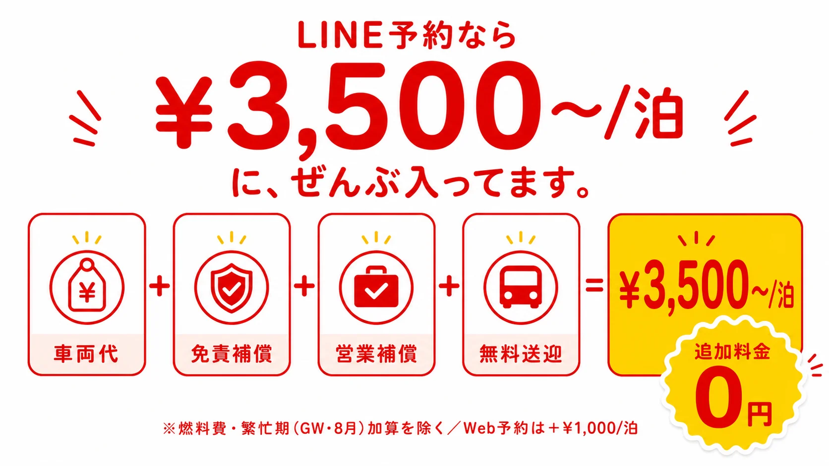 LINE予約なら¥3,500〜/泊に車両代・免責補償・営業補償・無料送迎がぜんぶ込み。追加料金0円(燃料費・繁忙期加算を除く)